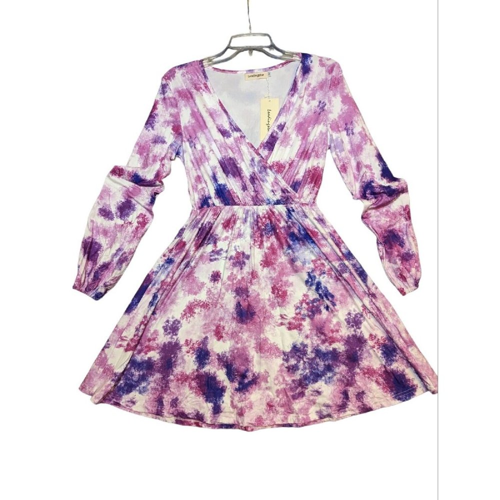 LeadingStar Long Sleeve Elastic Waist Purple White Dress S Nwt